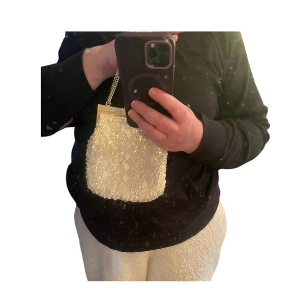 Vintage ivory sequined beaded evening bag gold kisslock chain strap glam retro - Picture 5 of 13